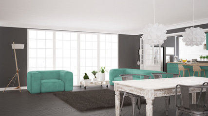 Minimalist white and turquoise living and kitchen, scandinavian classic interior design