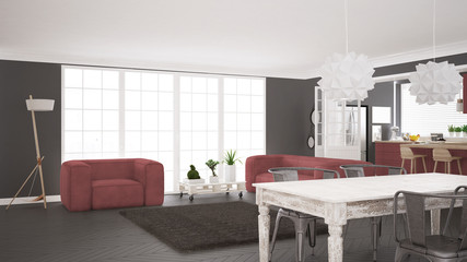 Minimalist white and red living and kitchen, scandinavian classic interior design