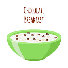 Cereal chocolate balls. Milk and oatmeal breakfast. Flat style.