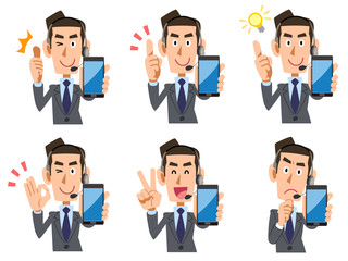 オペレーター　男性　スマートフォン　表情と仕草のセット
