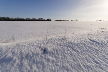 Fototapeta na wymiar Fresh snowfall on a field in Suffolk, UK