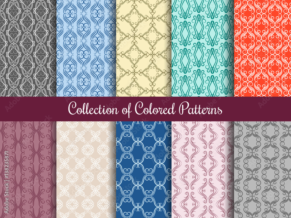 Poster modern floral pattern set in vintage style. seamless patterns collection with calligraphic swirls