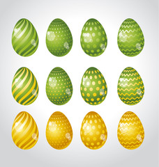 Rainbow vivid color Easter egg vector illustration set. Bright simple kid-style christian resurrection symbol. Egg life icon with assorted simple pattern and color