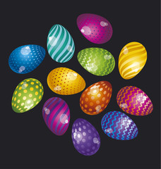 Rainbow vivid color Easter egg vector illustration set. Bright simple kid-style christian resurrection symbol. Egg life icon with assorted simple pattern and color