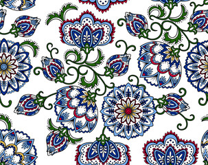 Vintage floral seamless pattern. Ethnic ornament. Stylized decorative flowers in folk style. Traditional handcraft. Seamless texture in bright colors on white background. Vector illustration.