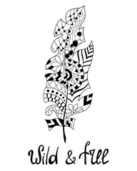 Peacock feather silhouette isolated. Zentangle feather in ethnic style.