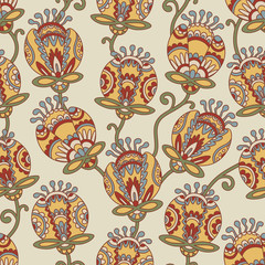 Vintage floral seamless pattern. Ethnic ornament. Stylized decorative flowers in folk style. Traditional handcraft. Seamless texture in bright colors. Vector illustration.