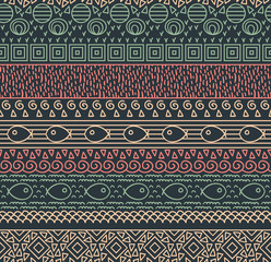 Ethnic textile decorative native ornamental striped seamless pattern with fish in vector.