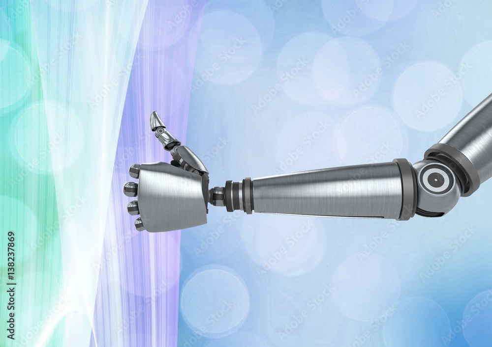 Poster composite image of robot thumb up against bright background