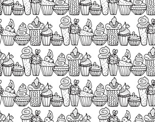 Cute cupcakes seamless pattern in vector. Endless decorative design background.