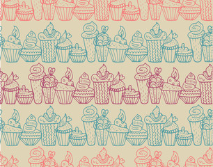 Cute cupcakes seamless pattern in vector. Endless decorative design background.