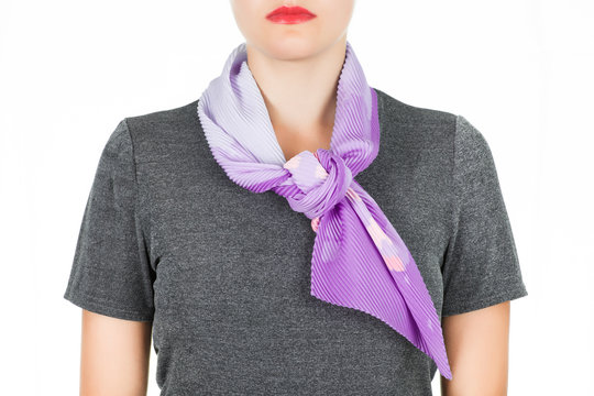 Silk Scarf. Lilac Silk Scarf Around Her Neck Isolated On White Background.