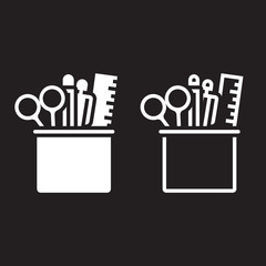 Pencil cup with stationary line icon, outline and solid vector sign, linear and full pictogram isolated on black, logo illustration