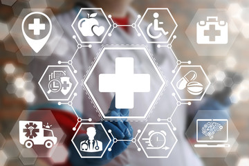 Medicine health care insurance concept. Doctor presses medical cross button on virtual healthcare...