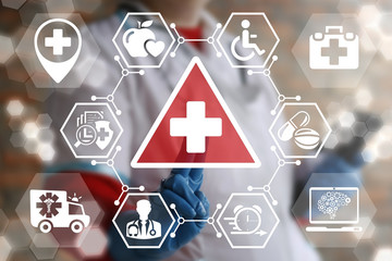 Medicine and health care attention and warning concept. Medical risk treatment, safety security medication, danger healthy, insurance help support technology 