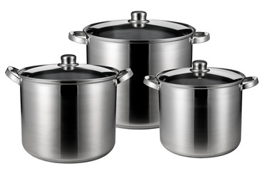 Three stainless steel pots isolated