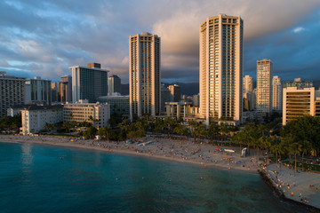 Plakat Aerial drone image of Waikiki Beach at sunset