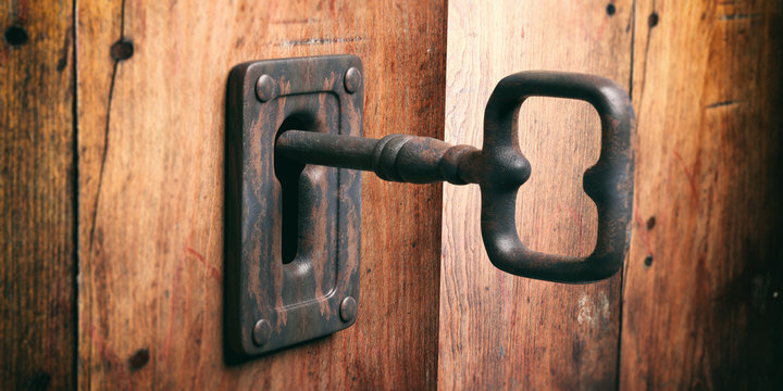 Old key in a keyhole. 3d illustration