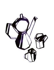 Watercolor illustration of teapot and cups with tea time text