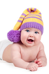 Beautiful happy cute laughing smiling baby infant face, in funny hat, isolated on white background 