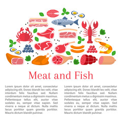 Vector flat design of card template whith different kinds of meat and fish