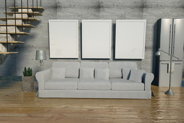 3D Illustration of empty frames on the wall in the room
