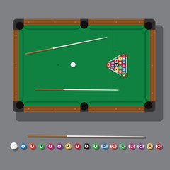 vector illustration of a billiard table with green cloth, balls and cue top view