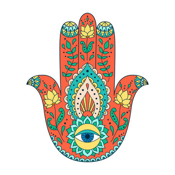 Indian hand drawn hamsa. Hamsa henna tattoo with ethnic ornament.