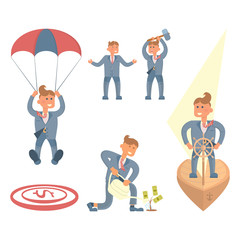 Business success concepts set. Businessman planting a money tree, stand at the wheel, breaks challenges, landing on a money icon target in the middle of the stones. Vector Character design.