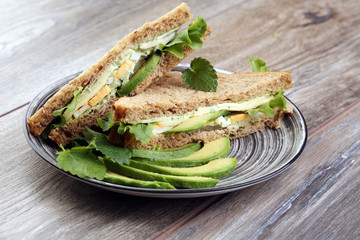 Sandwich with avocado and poached egg - healthy breakfast concept