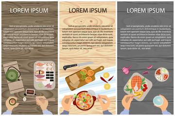 Set of Persons are eating, top view. Menu for breakfast, lunch or dinner. Vector illustration eps 10