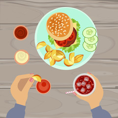 Person is eating hamburger and french fries on wooden table. Top view Vector illustration eps 10