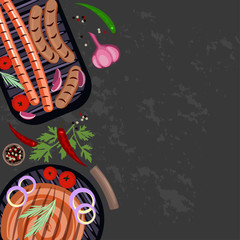 Fototapeta na wymiar Black background with set of Grilled sausages. Place for you text. Top view Vector illustration eps 10