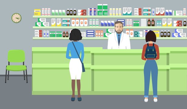 Web banner of a pharmacist. Young man at the workplace in a pharmacy: standing in front of shelves with medicines.There are also visitors here. Vector illustration