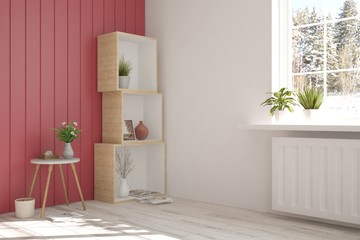 White empty room with shelf and winter landscape in window. Scandinavian interior design