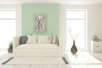 White room with sofa. Scandinavian interior design