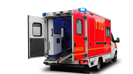 Emergency ambulance car with an open door isolated on a white background. Stretcher patient...