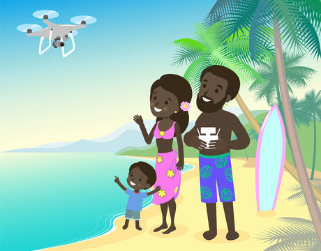 Family mom dad and children kid boy on vacation seashore ocean sea with quadcopter drone african indian brown skin vector cartoon