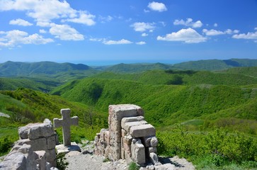 Fortress in Caucasus mountains at spring time