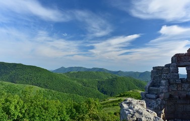 Fortress in Caucasus mountains at spring time
