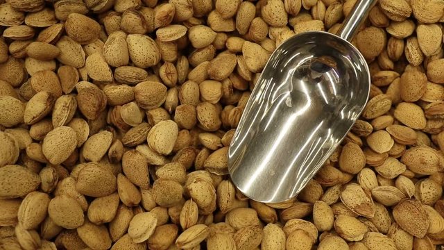 Grocery walnuts. Copper shovel and walnuts in the background