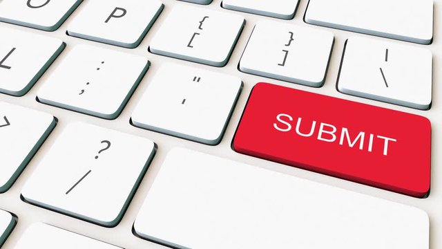 Close-up shot of white computer keyboard and red submit key. Conceptual 4K clip