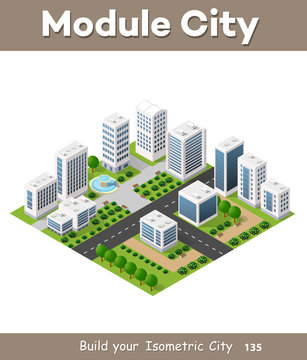 Isometric urban set of the city infrastructure town, street modern, real structure, architecture 3d elements different buildings