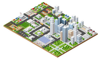 Isometric urban megalopolis top view of the city infrastructure town, street modern, real structure, architecture 3d elements different buildings