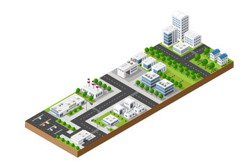 Isometric urban top view of the city infrastructure town, street modern, real structure, architecture 3d elements different buildings