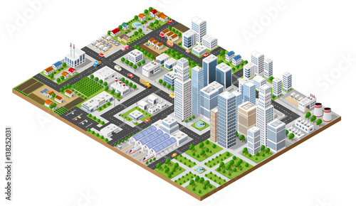 Isometric urban megalopolis top view of the city infrastructure town, street modern, real structure, architecture 3d elements different buildings