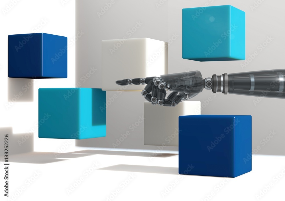 Poster composite image of hand robot pointing cubes