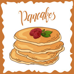 Pancakes vector illustration. Bakery design. Beautiful card with decorative typography element.
