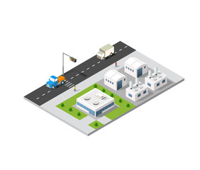 Obraz premium City boulevard isometric avenue. Transport car, urban and asphalt, traffic. Crossing roads flat 3d dimensional illustration of public town transport.
