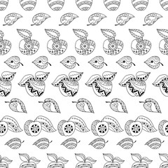 Hand drawn apples and leaves for anti stress colouring page. Seamless pattern for coloring book.